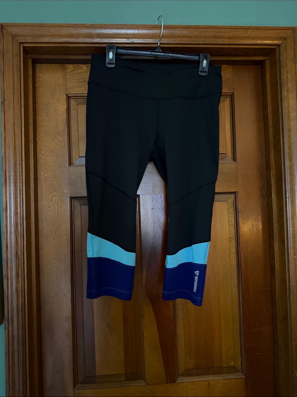 Reebok Black Capri Leggings with Teal and Navy Panels